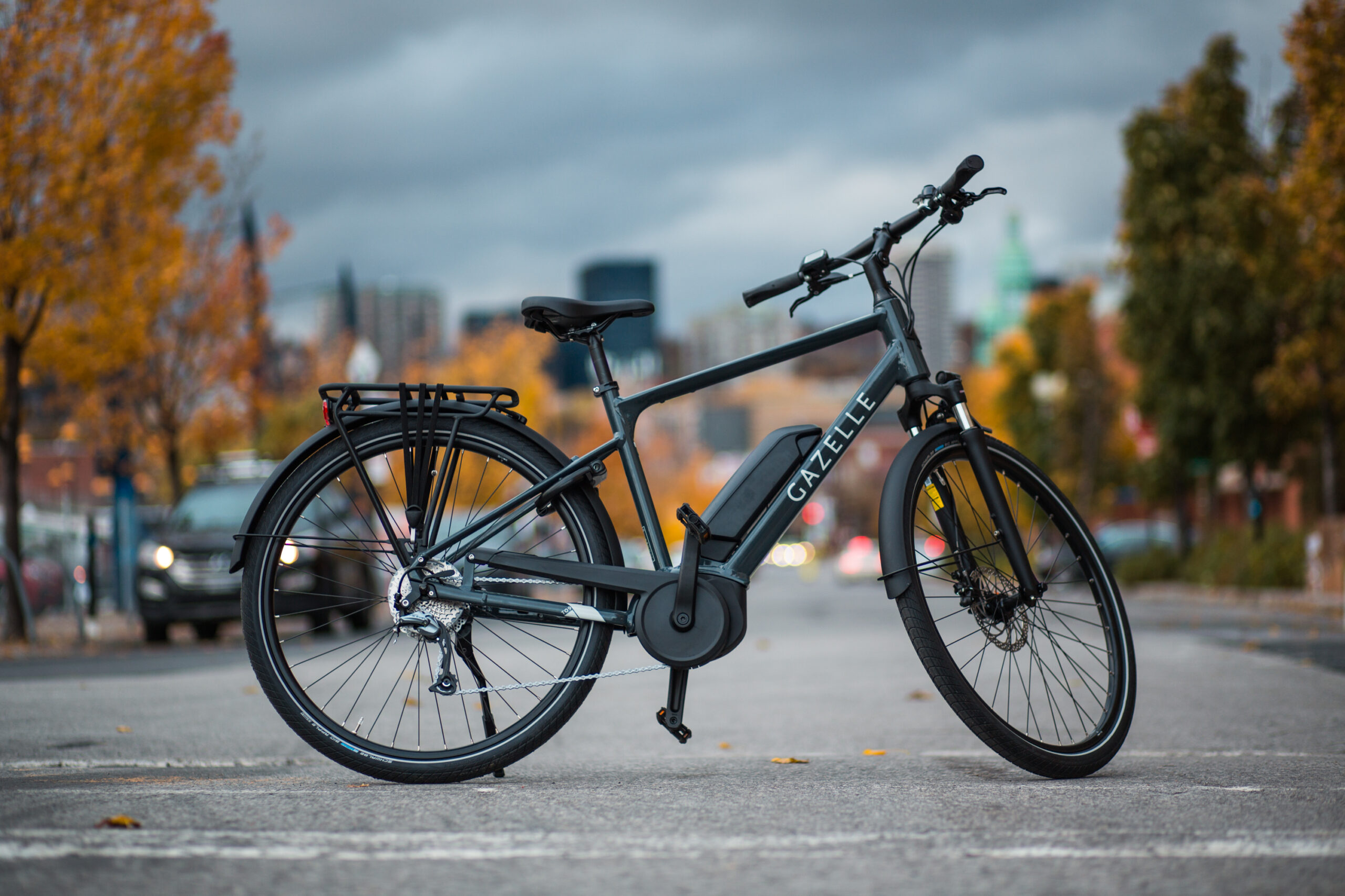 Black color Gazelle Medeo T9 electric bike standing on the road