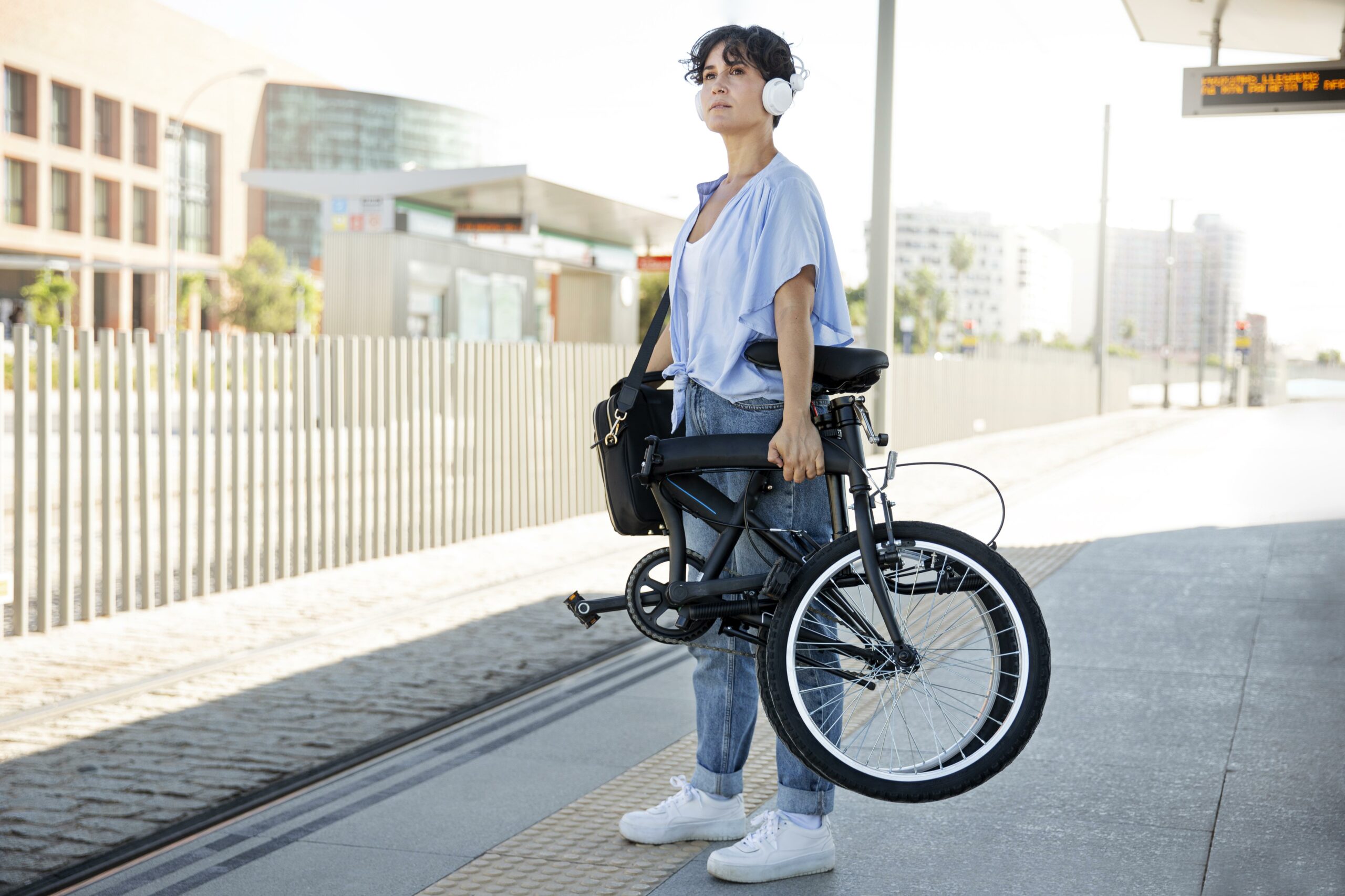 young woman using her folding bike scaled