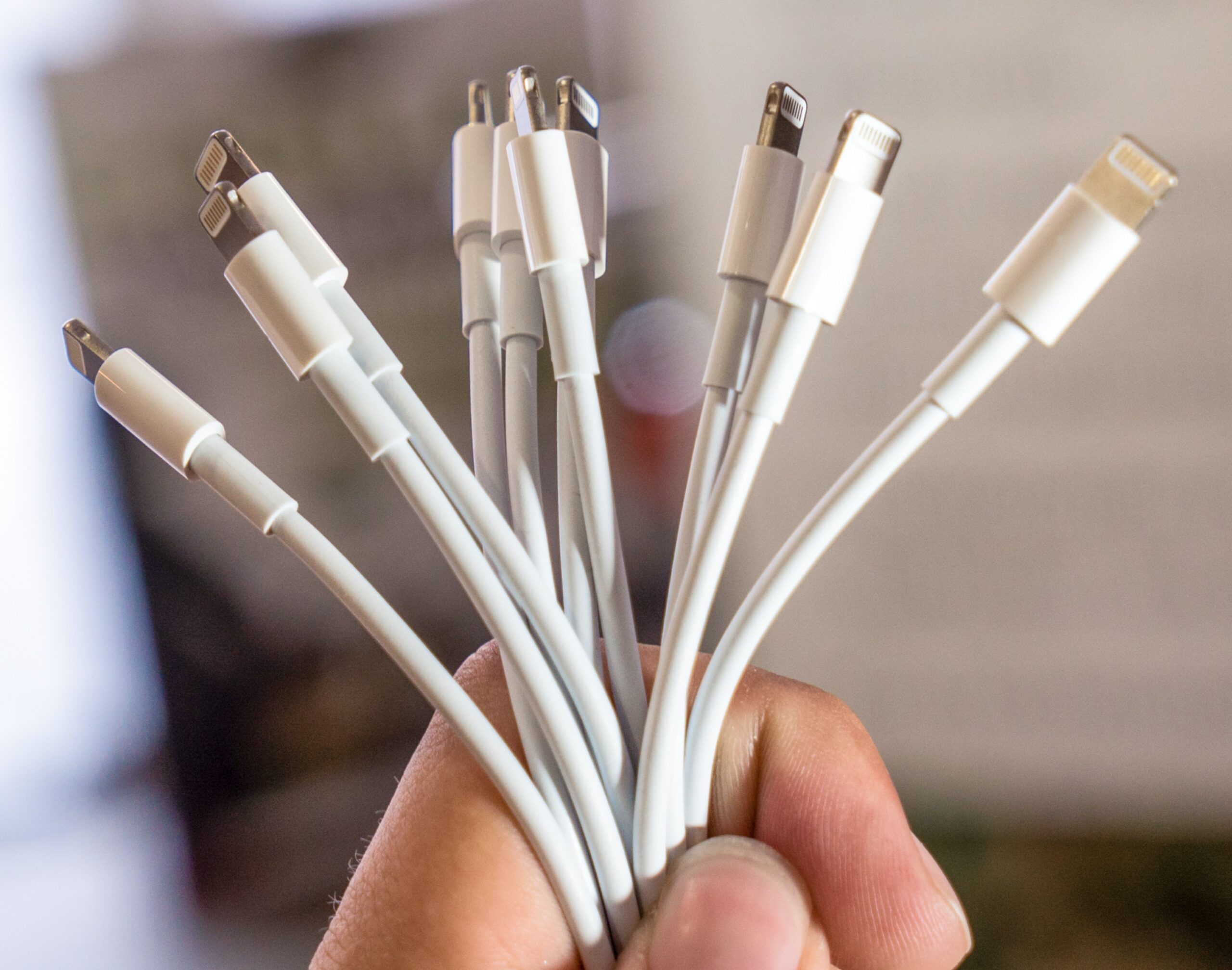 Multiple Apple Charging Cables in Hand