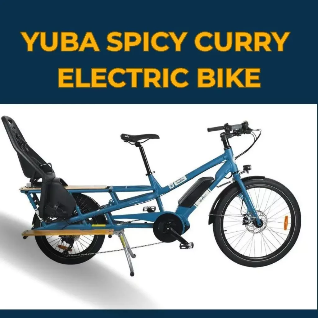 a blue Ebike with the words yuba spicy curry electric bike.