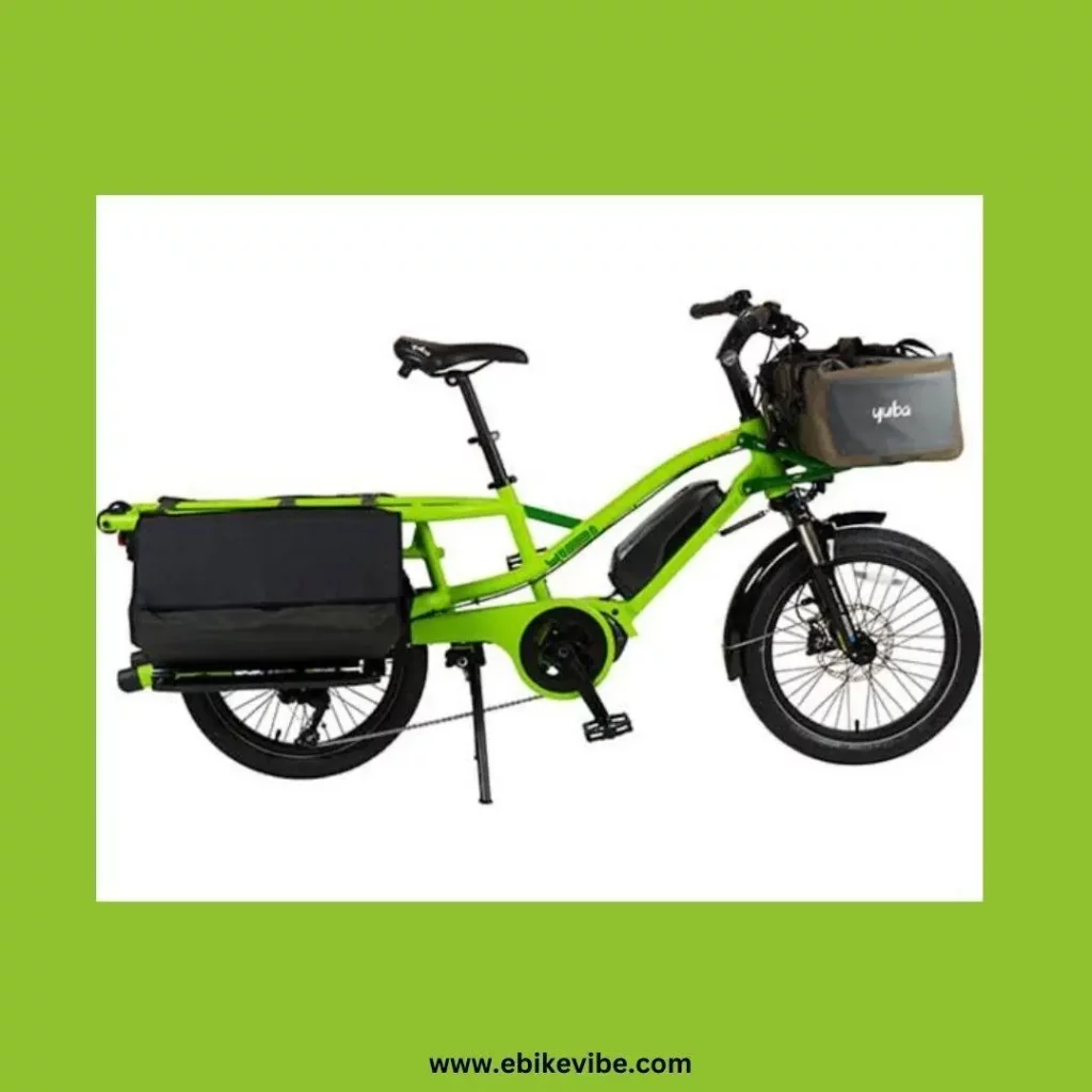 A green electric bike with a basket on the front.	