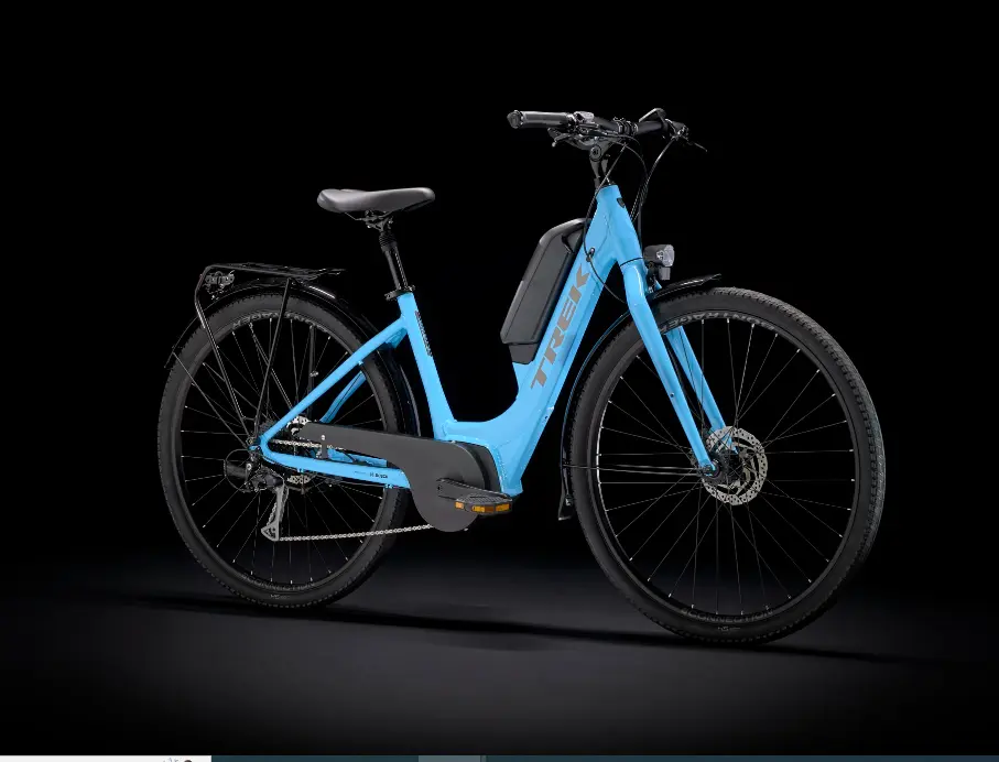 A blue electric bike is shown against a Black background