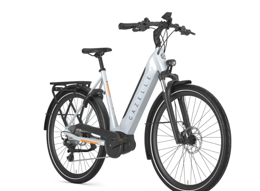 A White electric bike is shown against a White background.