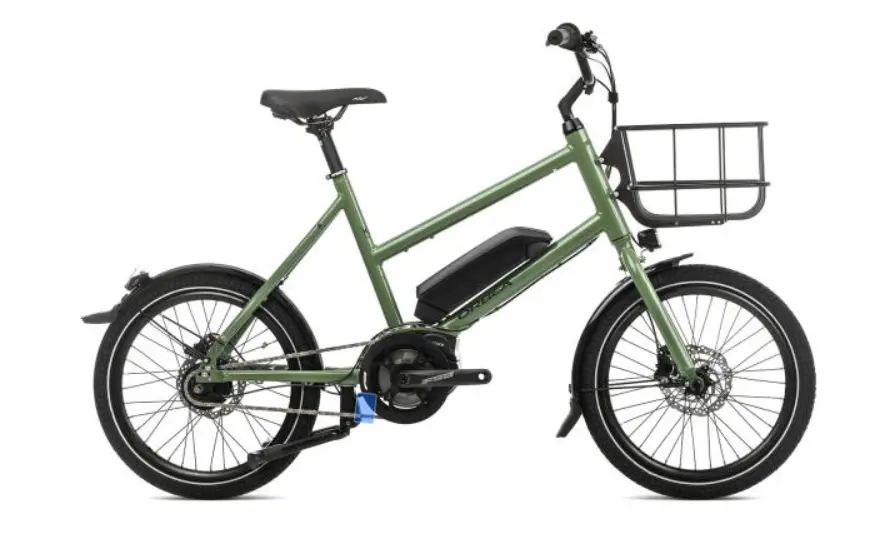 A green electric Cargo bike with a basket.