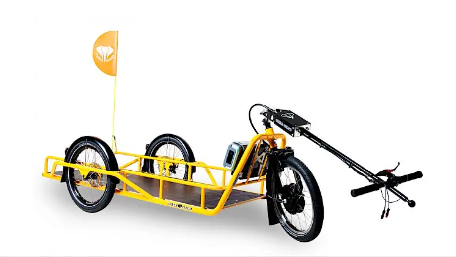 A Yellow Electric Cargo bike.